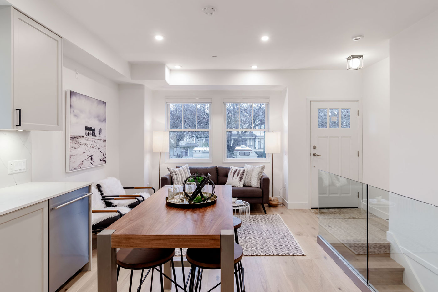 Dining area open to kitchen, walnut table