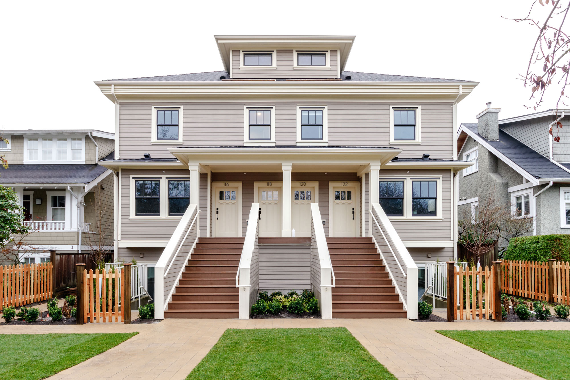 The Woodford — front exterior of four heritage-inspired homes on West 14th Avenue
